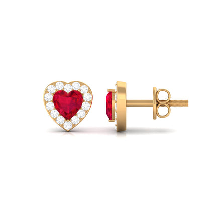 Heart Shape Lab Grown Ruby Halo Stud Earrings with Diamond