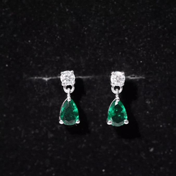 Pear Cut Lab Created Emerald and Moissanite Teardrop Earrings
