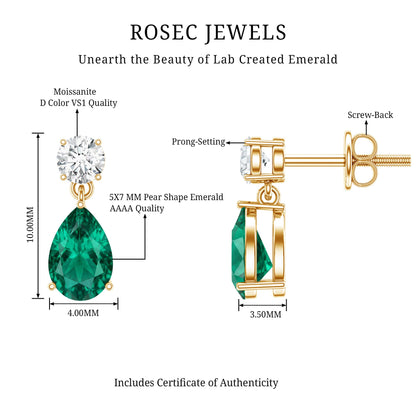Pear Cut Lab Created Emerald and Moissanite Teardrop Earrings