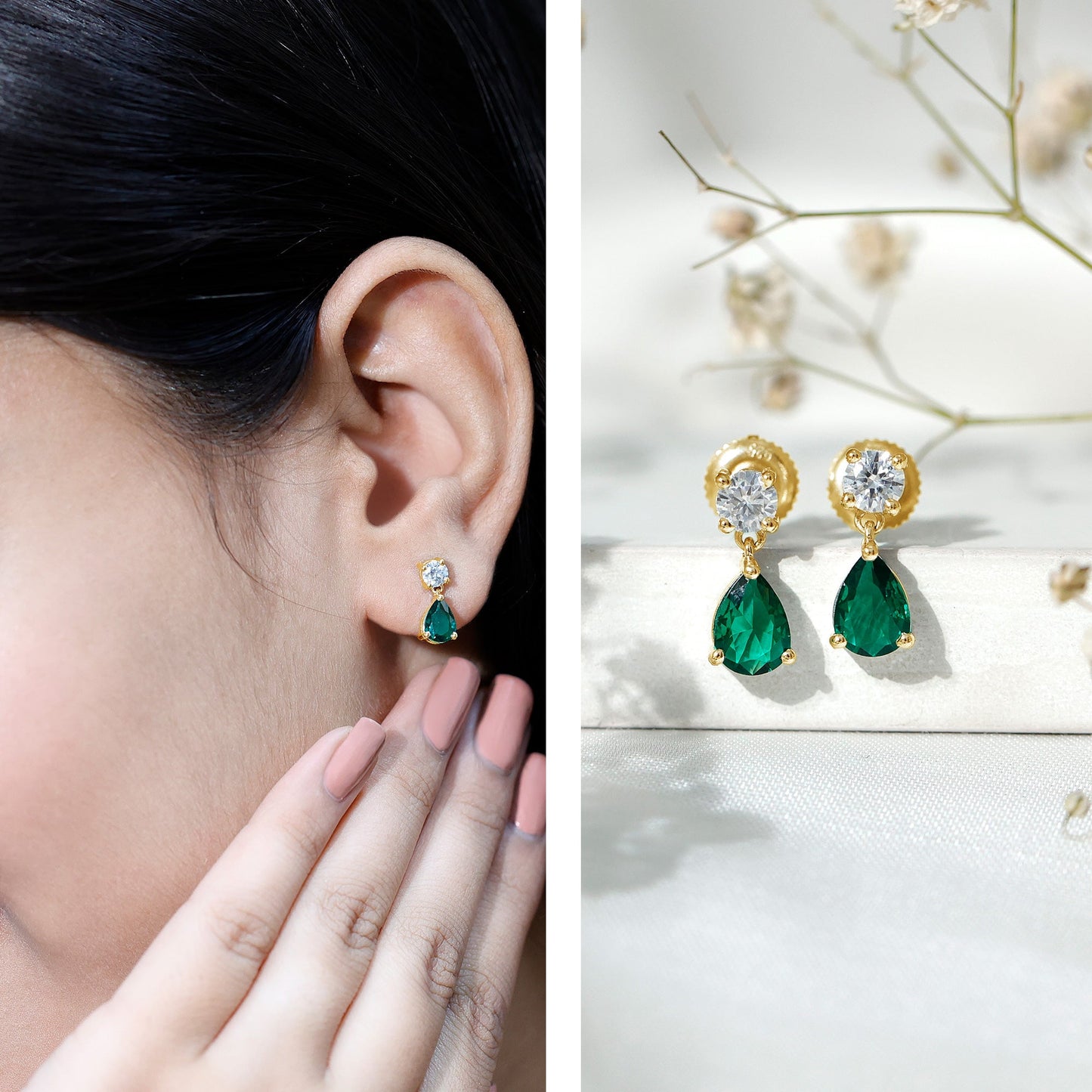 Pear Cut Lab Created Emerald and Moissanite Teardrop Earrings
