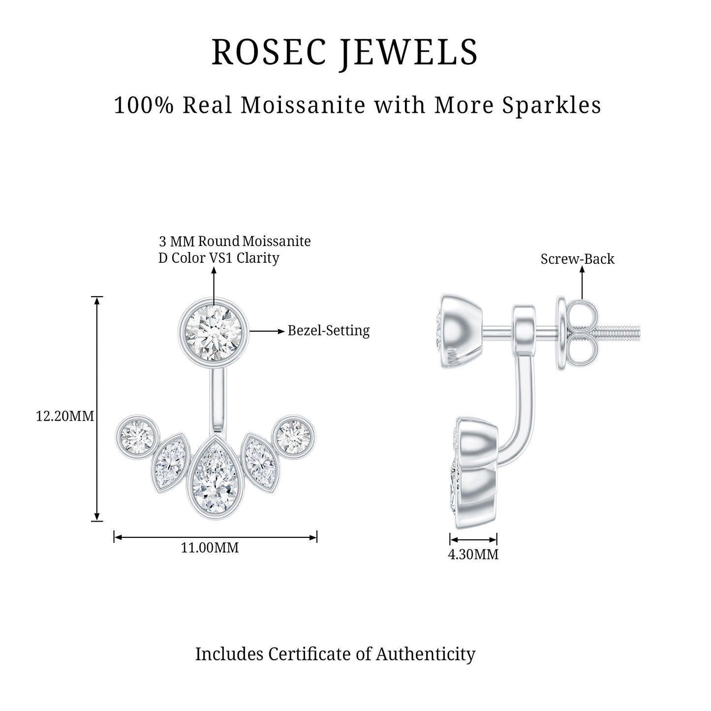 Bezel Set Certified Moissanite Ear Jacket Earrings for Women
