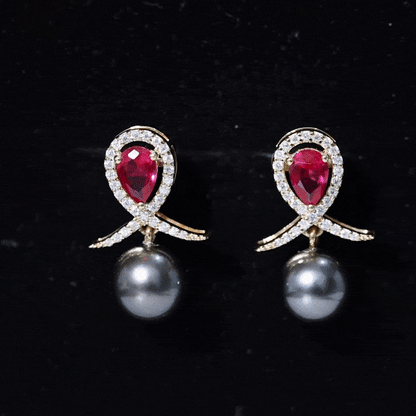 Tahitian Black Pearl Drop Earrings with Lab Grown Ruby