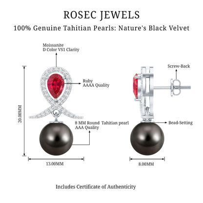 Tahitian Black Pearl Drop Earrings with Lab Grown Ruby