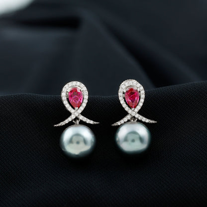 Tahitian Black Pearl Drop Earrings with Lab Grown Ruby