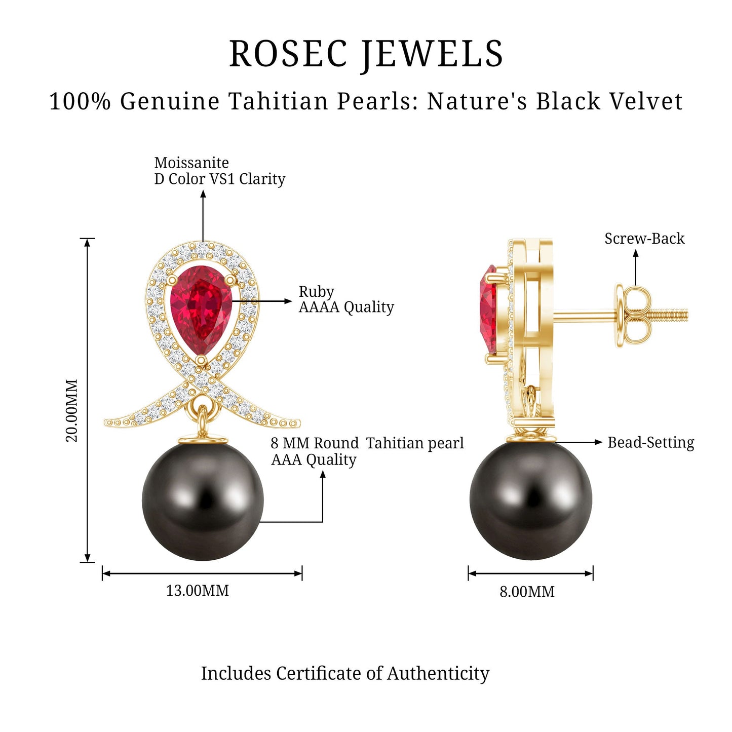 Tahitian Black Pearl Drop Earrings with Lab Grown Ruby