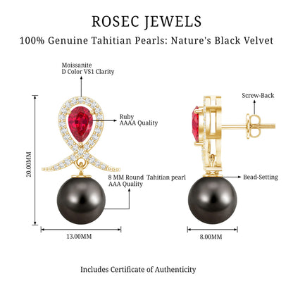 Tahitian Black Pearl Drop Earrings with Lab Grown Ruby