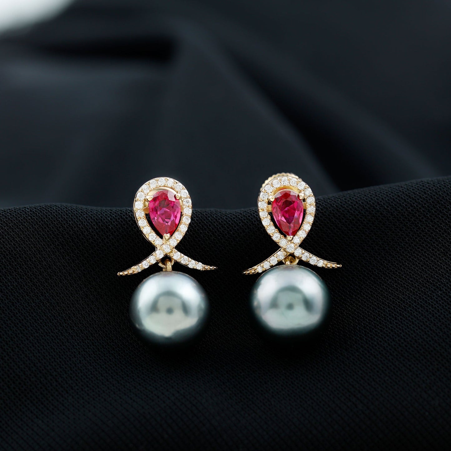 Tahitian Black Pearl Drop Earrings with Lab Grown Ruby