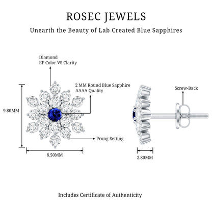 Created Blue Sapphire and Moissanite Cluster Statement Stud Earrings