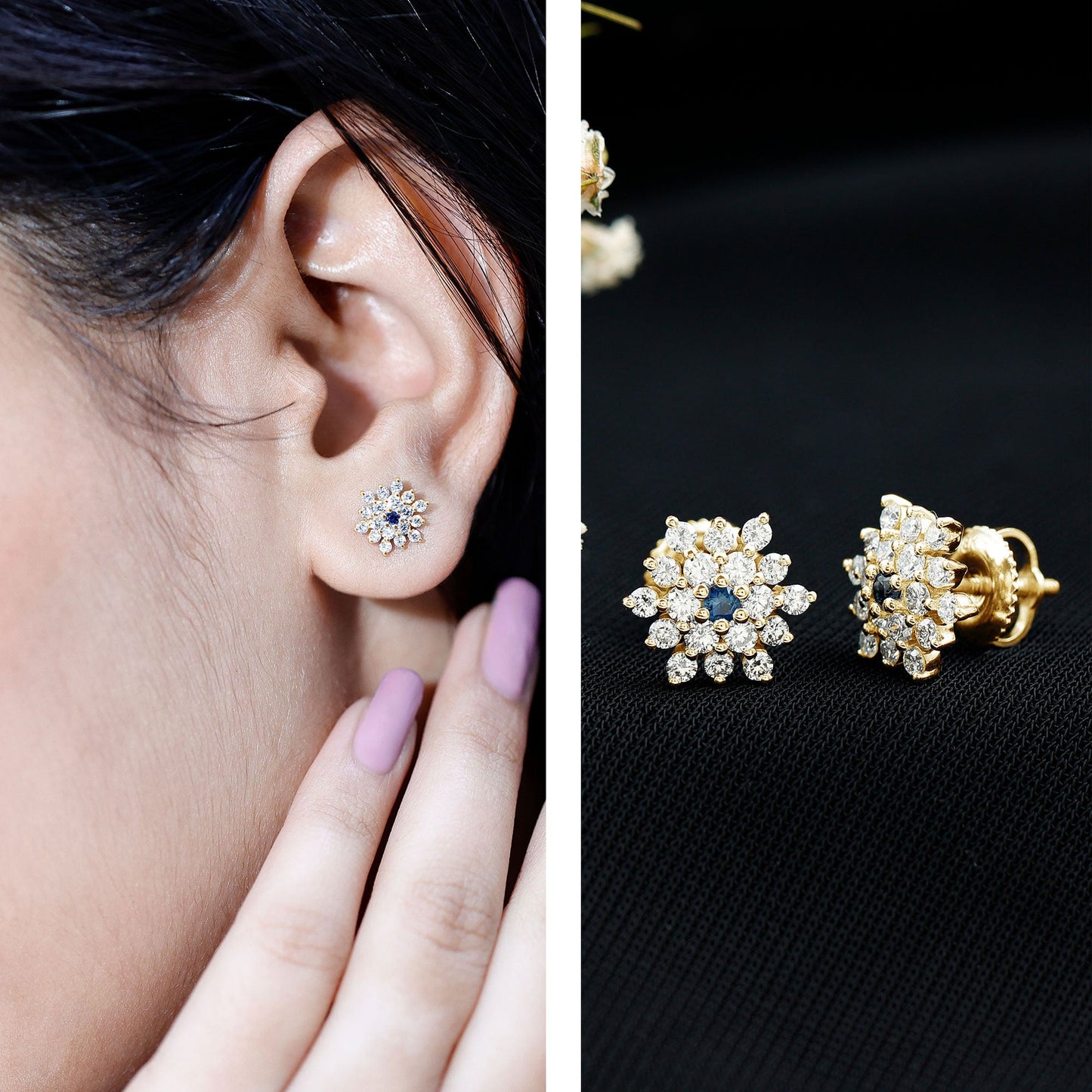 Created Blue Sapphire and Moissanite Cluster Statement Stud Earrings
