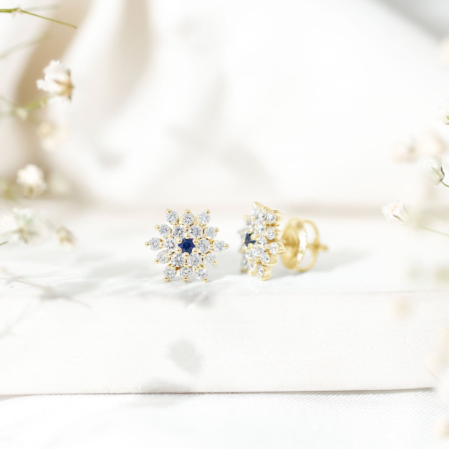 Created Blue Sapphire and Moissanite Cluster Statement Stud Earrings