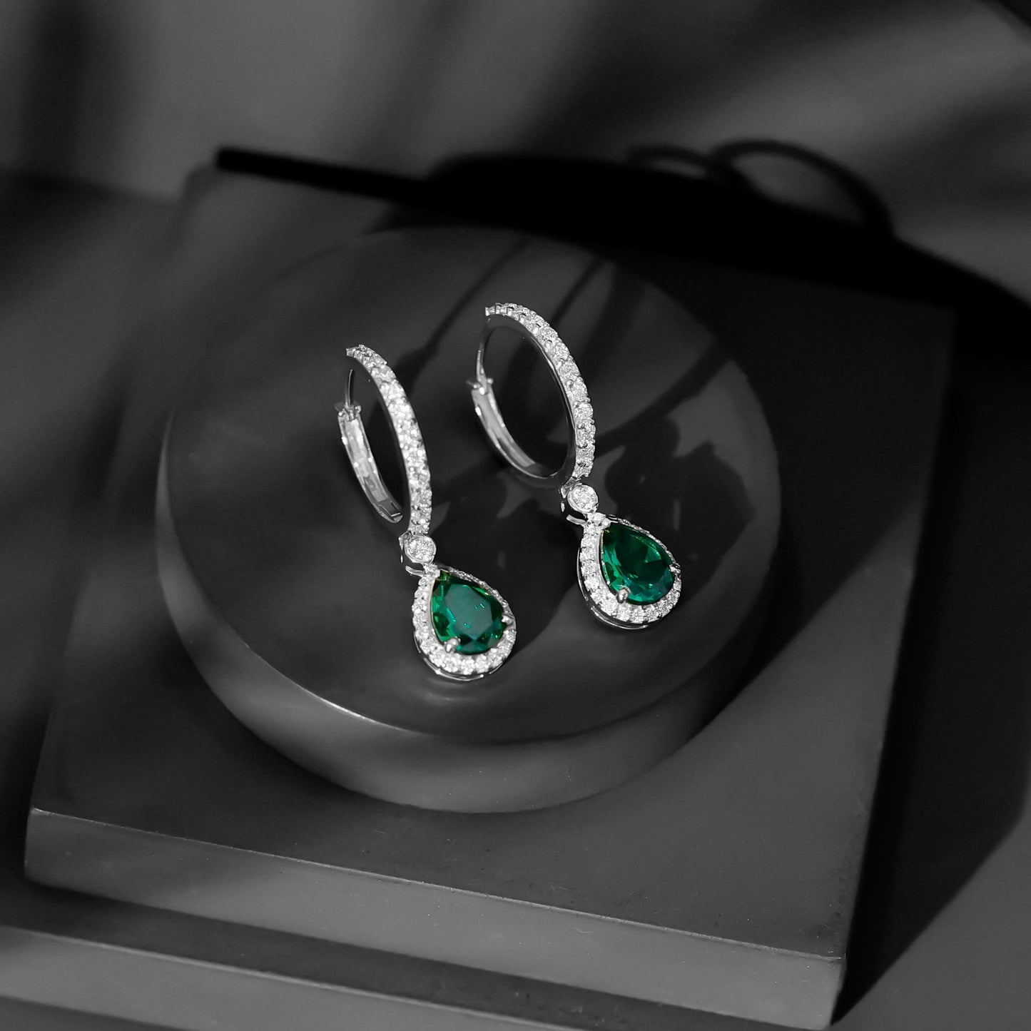 2 Carat Lab Created Emerald Teardrop Hoop Earrings with Moissanite