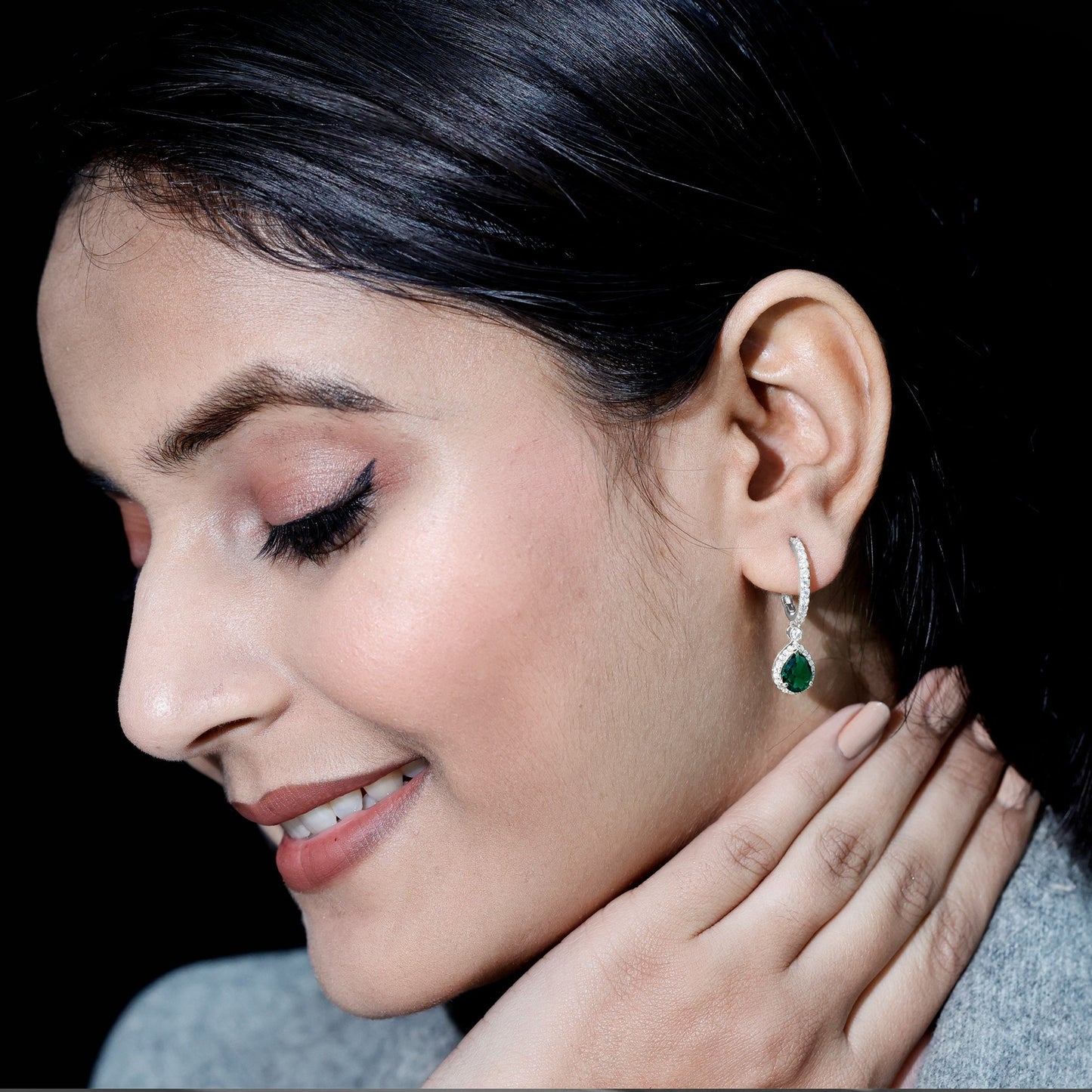 2 Carat Lab Created Emerald Teardrop Hoop Earrings with Moissanite