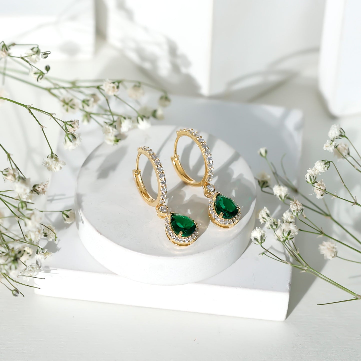 2 Carat Lab Created Emerald Teardrop Hoop Earrings with Moissanite