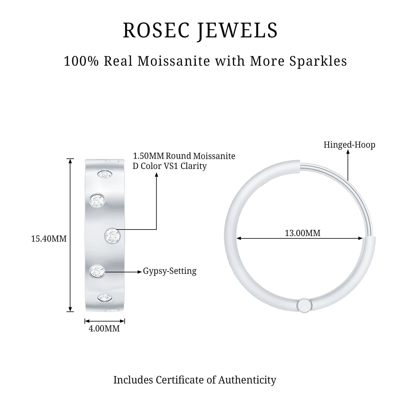 Certified Moissanite Hinged Hoop Earrings