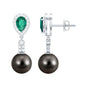 Vintage Looking 15 Carat Black Pearl Dangle Earrings with Lab Emerald and Diamond