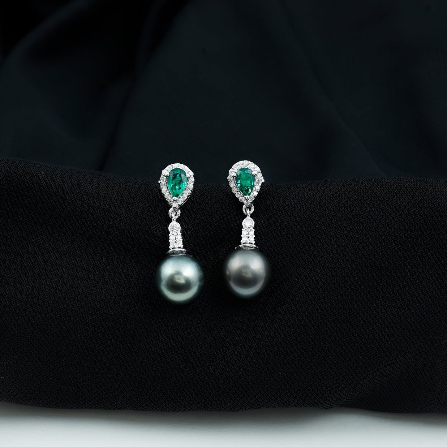 Vintage Looking 15 Carat Black Pearl Dangle Earrings with Lab Emerald and Diamond