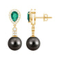 Vintage Looking 15 Carat Black Pearl Dangle Earrings with Lab Emerald and Diamond