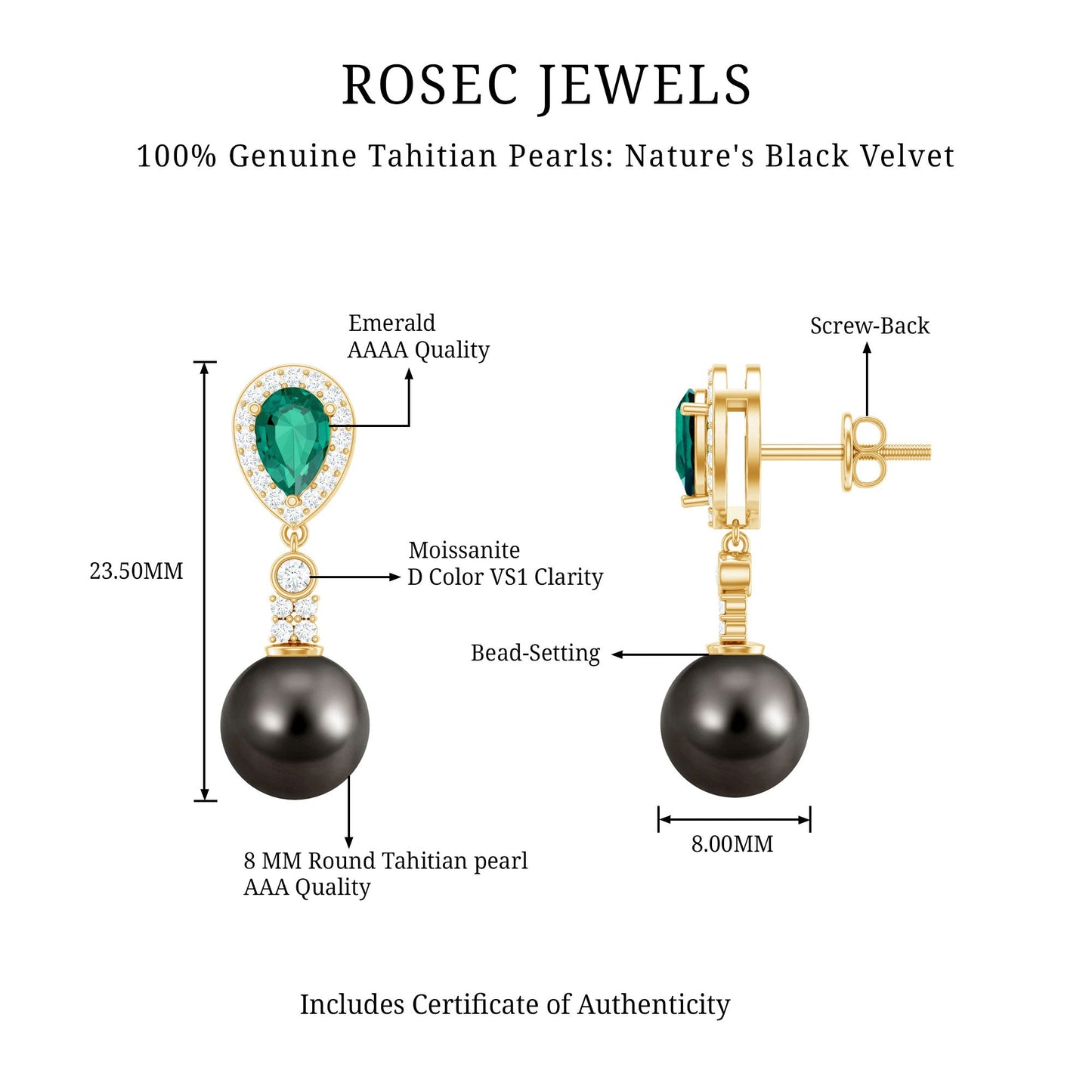 Vintage Looking 15 Carat Black Pearl Dangle Earrings with Lab Emerald and Diamond