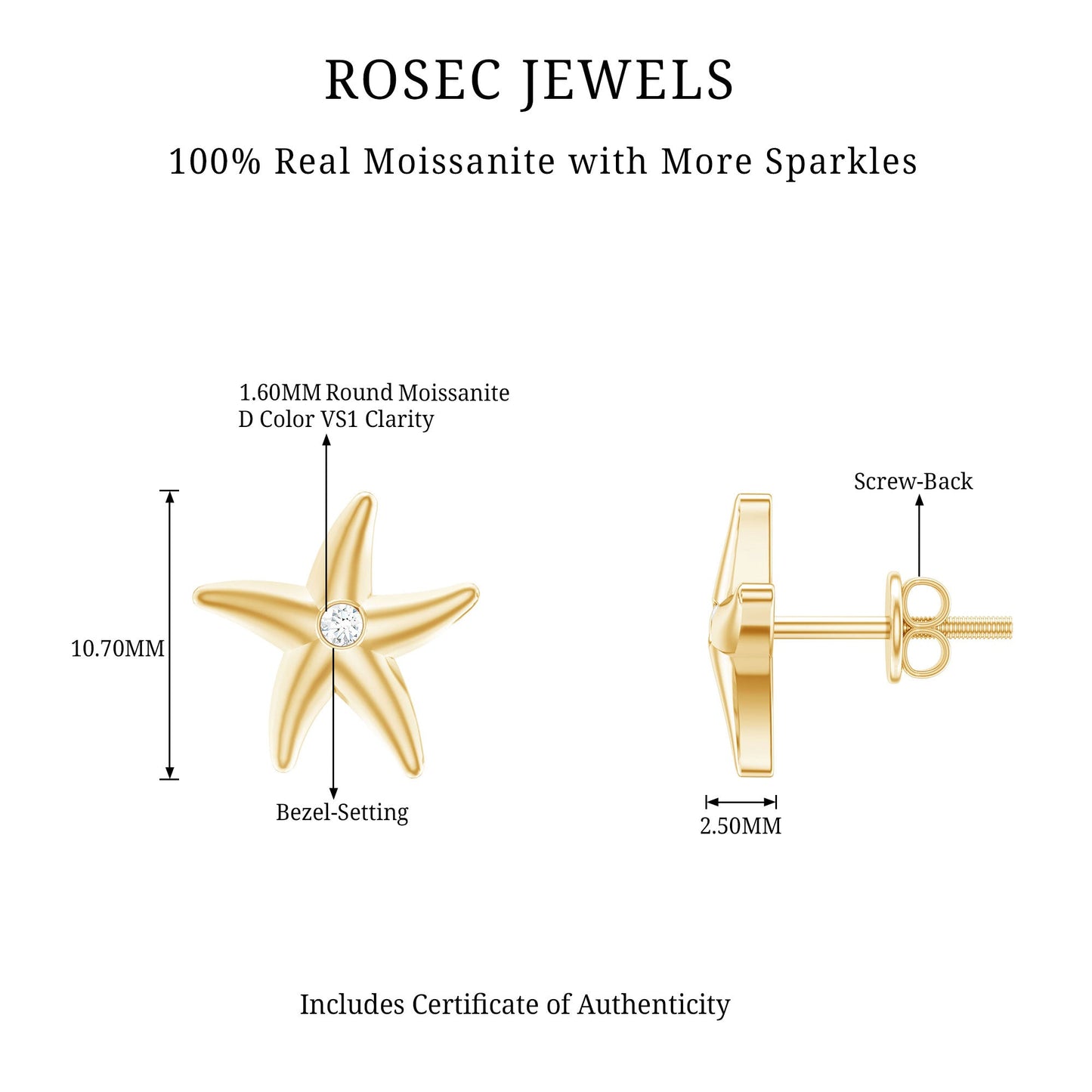 Bezel Set Round Moissanite Starfish Stud Earrings