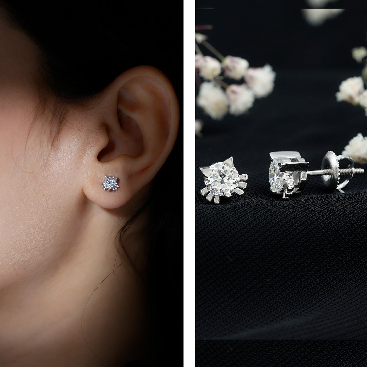 1 CT Solitaire Moissanite Cat Stud Earrings with Screw Back