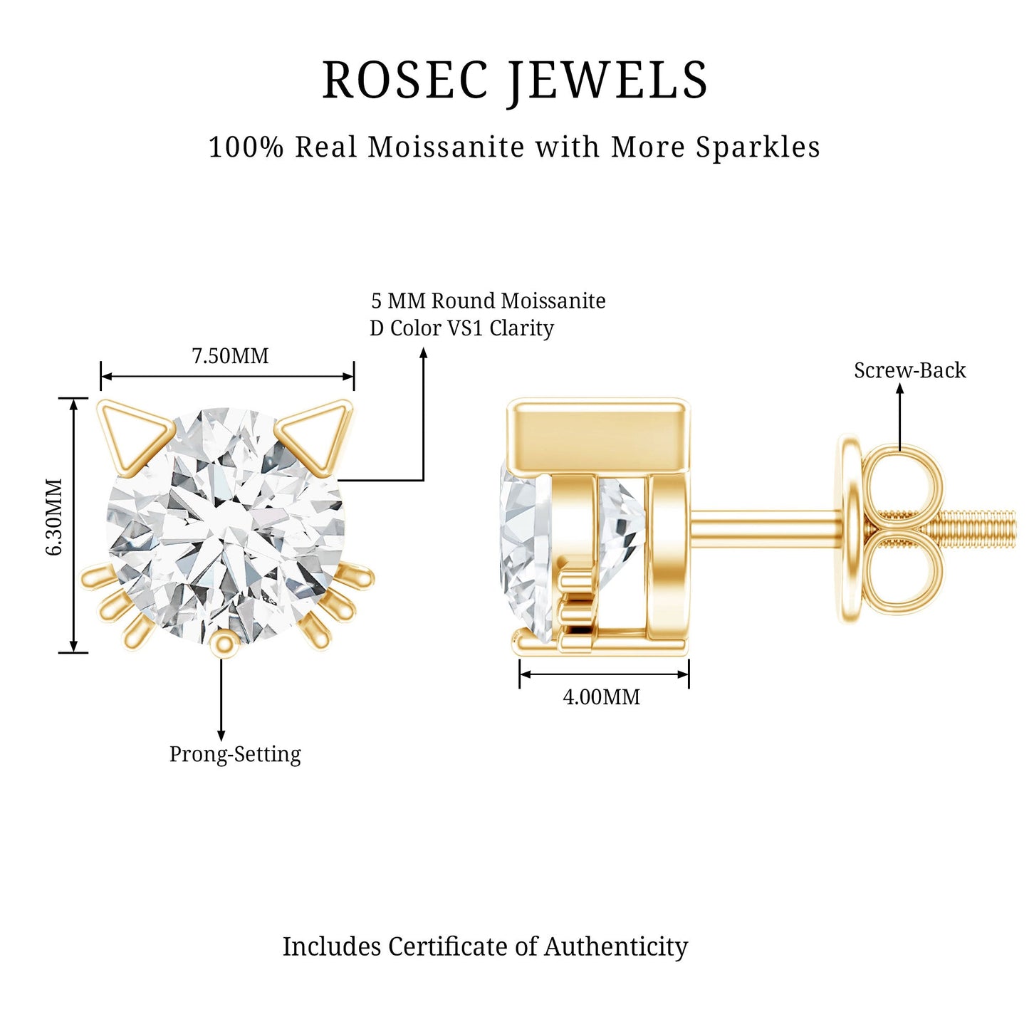 1 CT Solitaire Moissanite Cat Stud Earrings with Screw Back