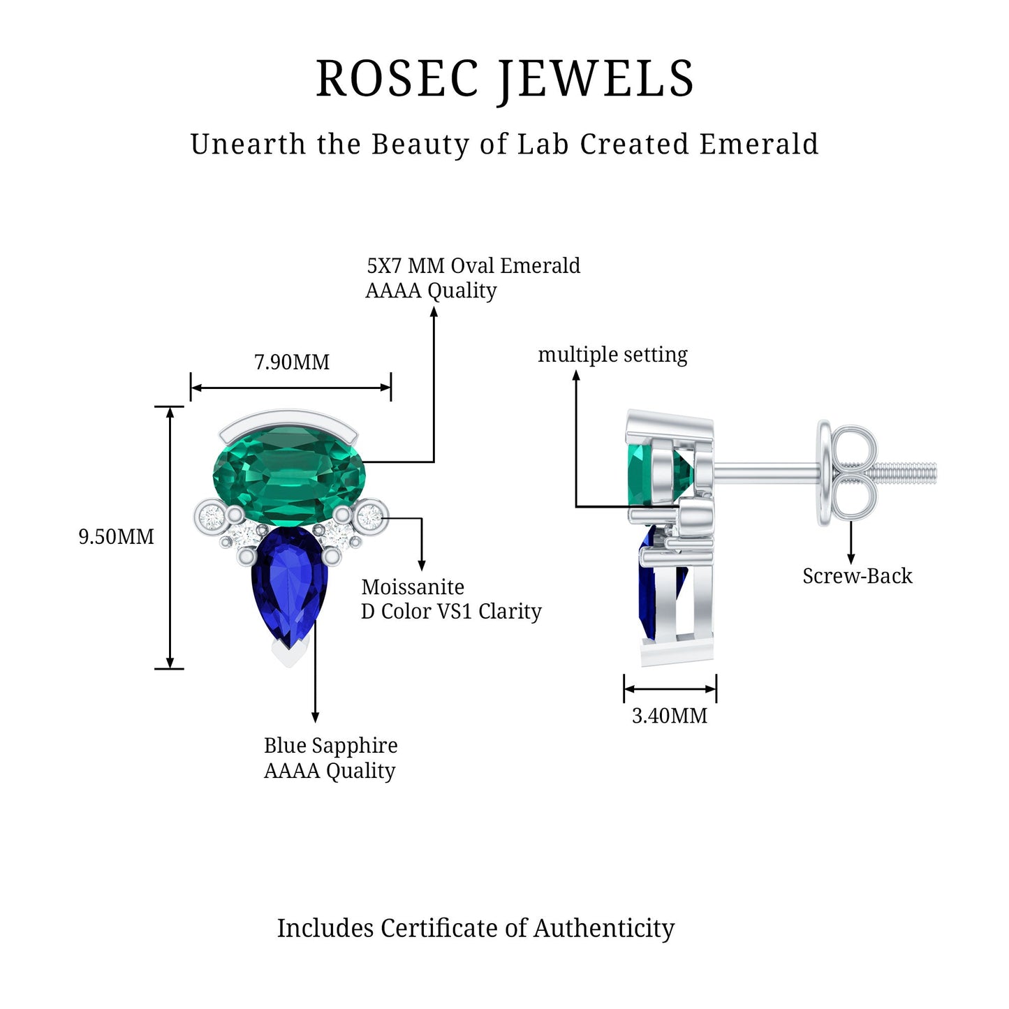 Lab Grown Emerald and Sapphire Vintage Stud Earrings