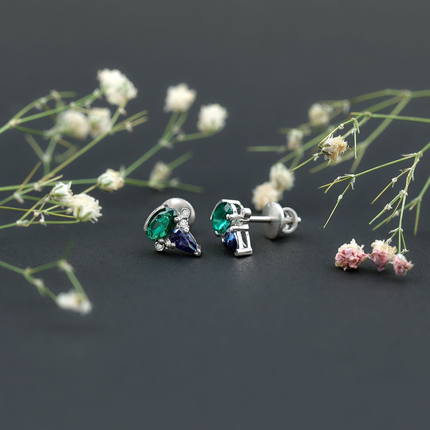 Lab Grown Emerald and Blue Sapphire Bridal Stud Earring with Certificate