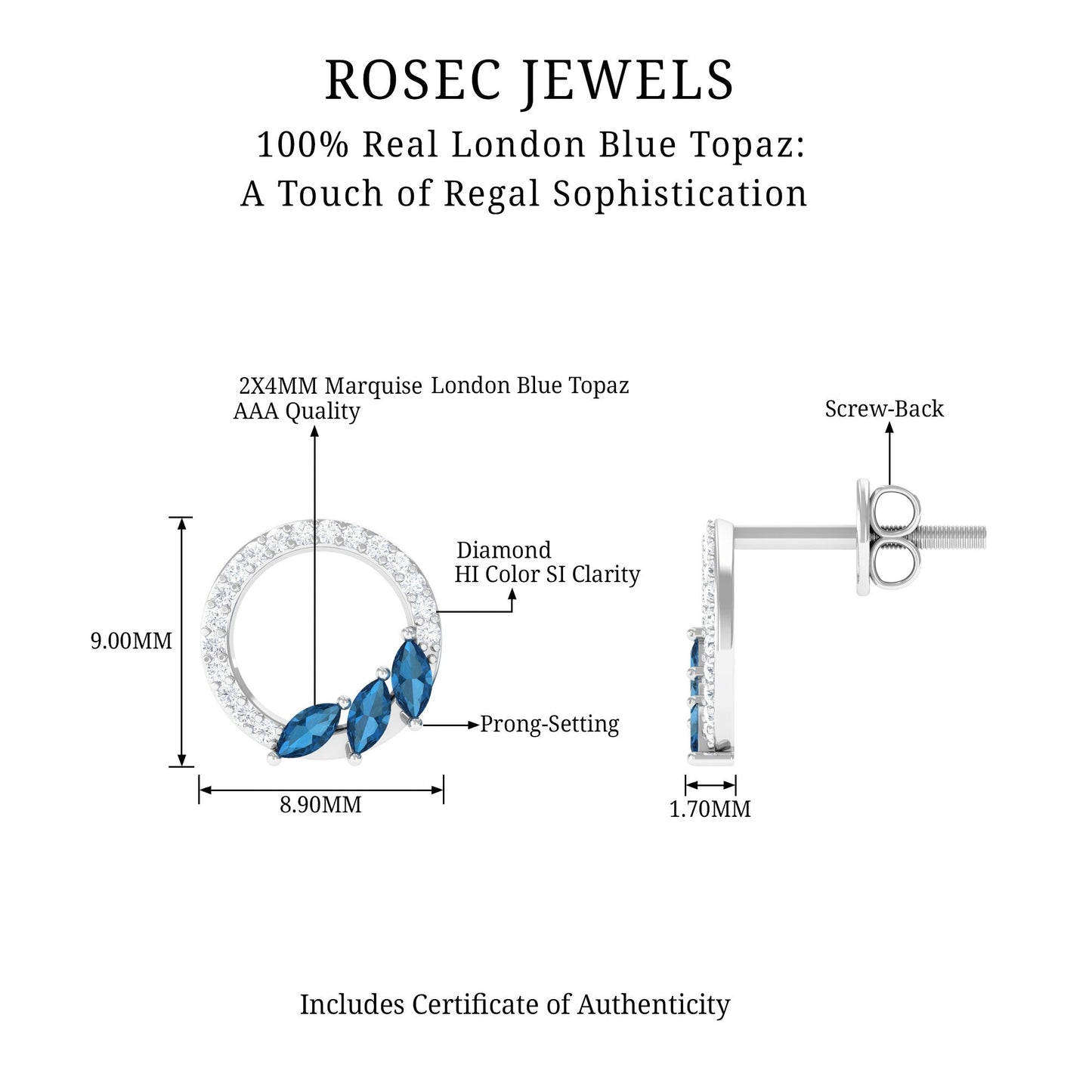 Marquise Cut London Blue Topaz and Diamond Eternity Stud Earrings