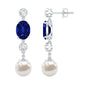 Lab Created Blue Sapphire and Freshwater Pearl Dangle Earrings with Moissanite