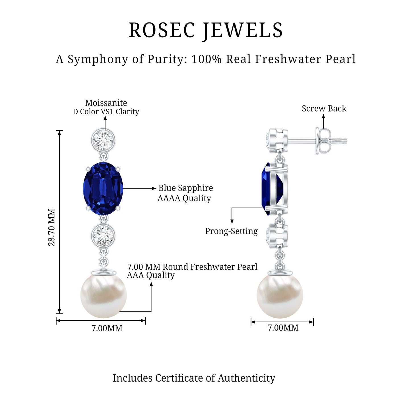 Lab Created Blue Sapphire and Freshwater Pearl Dangle Earrings with Moissanite