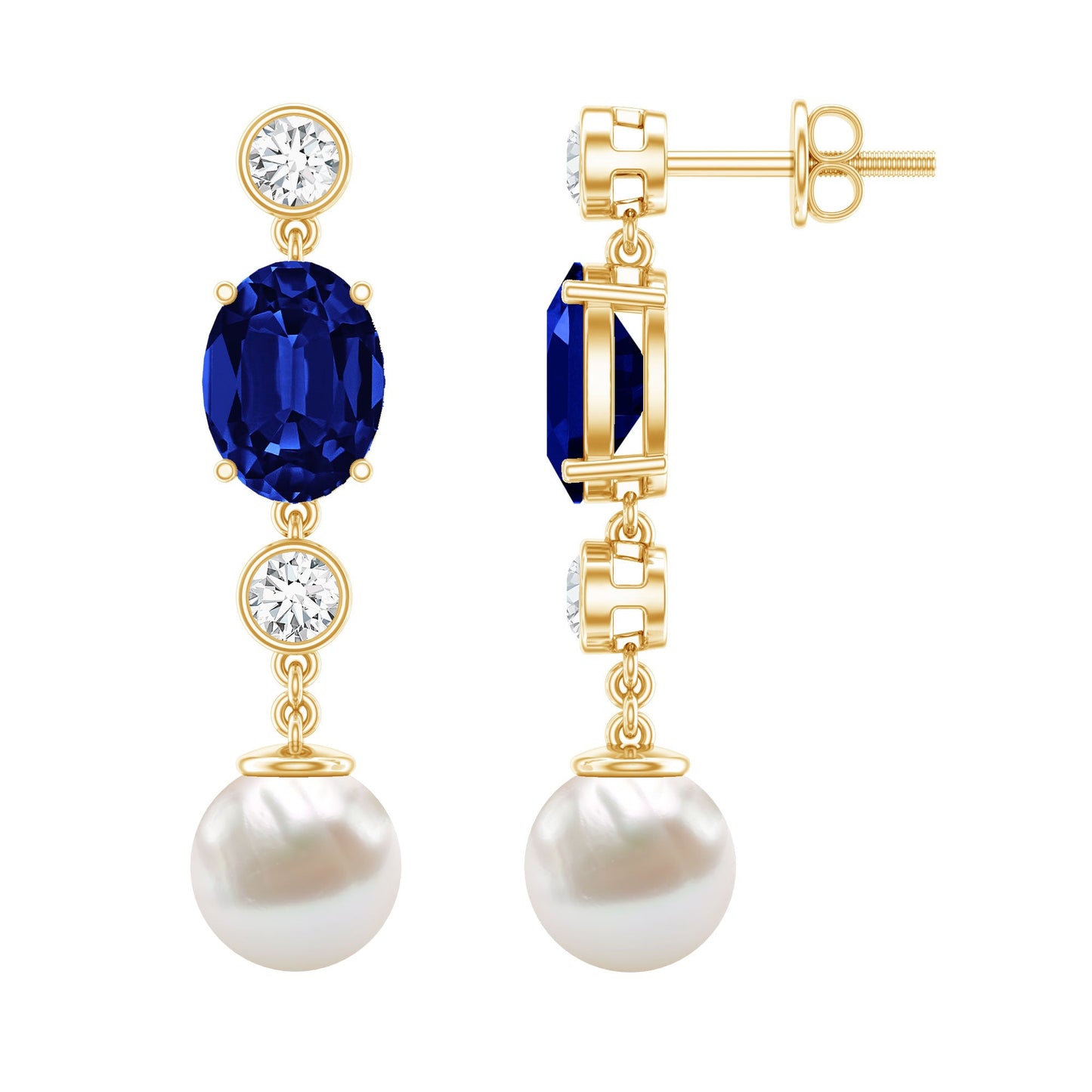 Lab Created Blue Sapphire and Freshwater Pearl Dangle Earrings with Moissanite