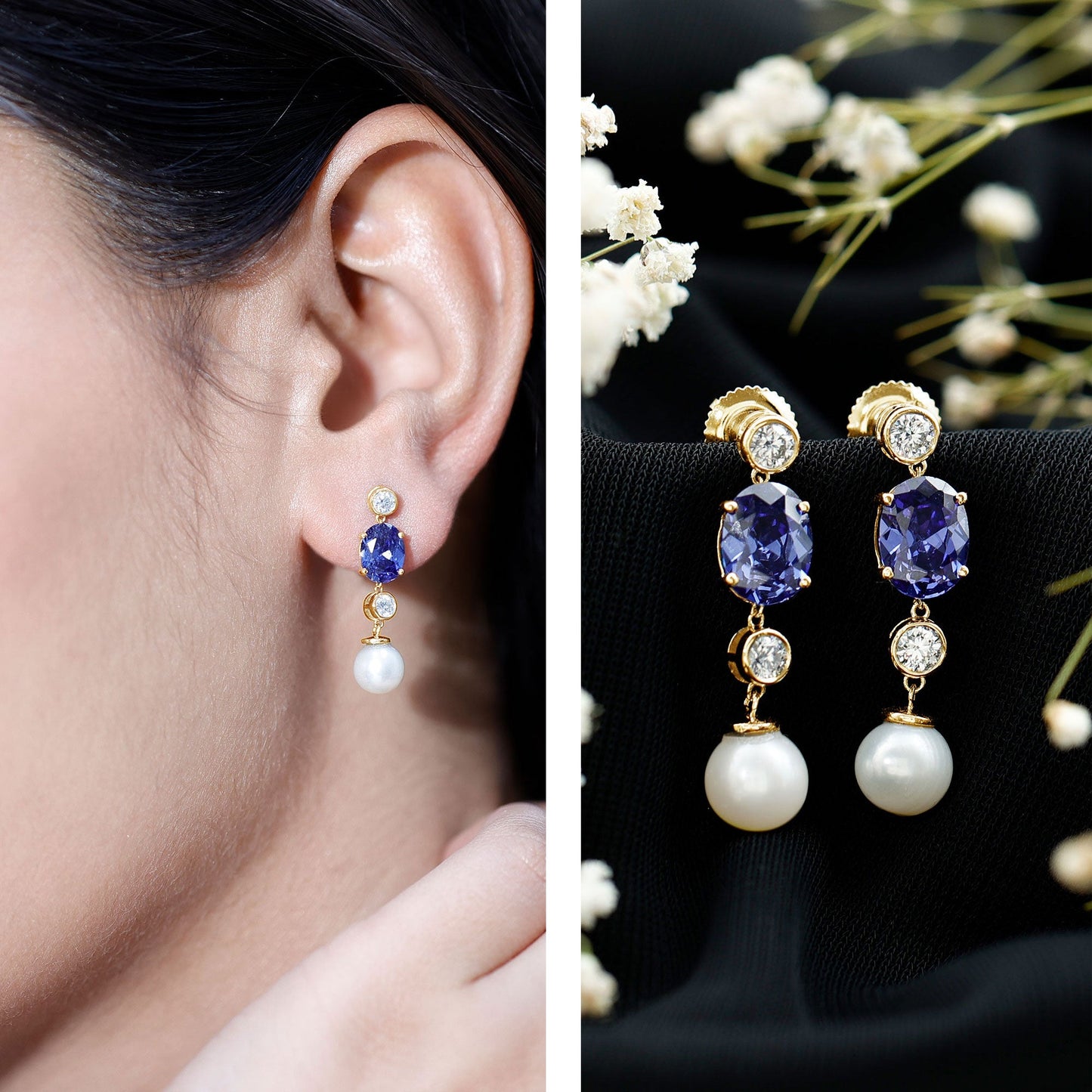 Lab Created Blue Sapphire and Freshwater Pearl Dangle Earrings with Moissanite