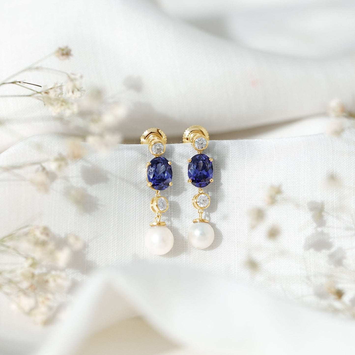 Lab Created Blue Sapphire and Freshwater Pearl Dangle Earrings with Moissanite