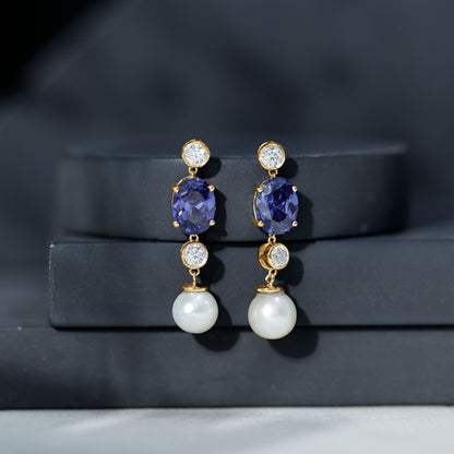 Lab Created Blue Sapphire and Freshwater Pearl Dangle Earrings with Moissanite