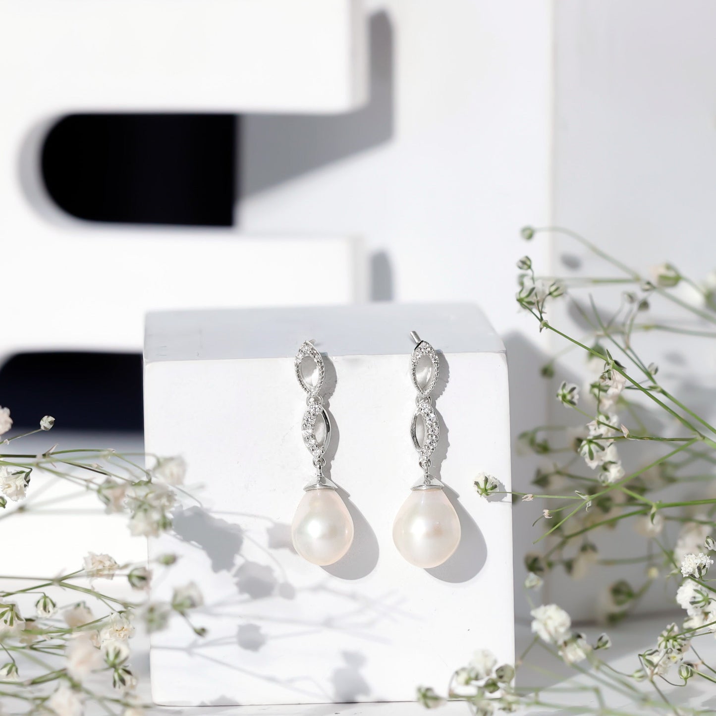 Genuine Freshwater Pearl and Diamond Infinity Drop Earrings