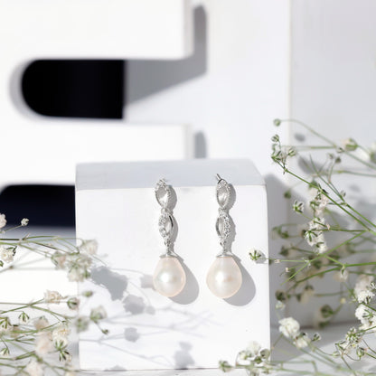 Genuine Freshwater Pearl and Diamond Infinity Drop Earrings