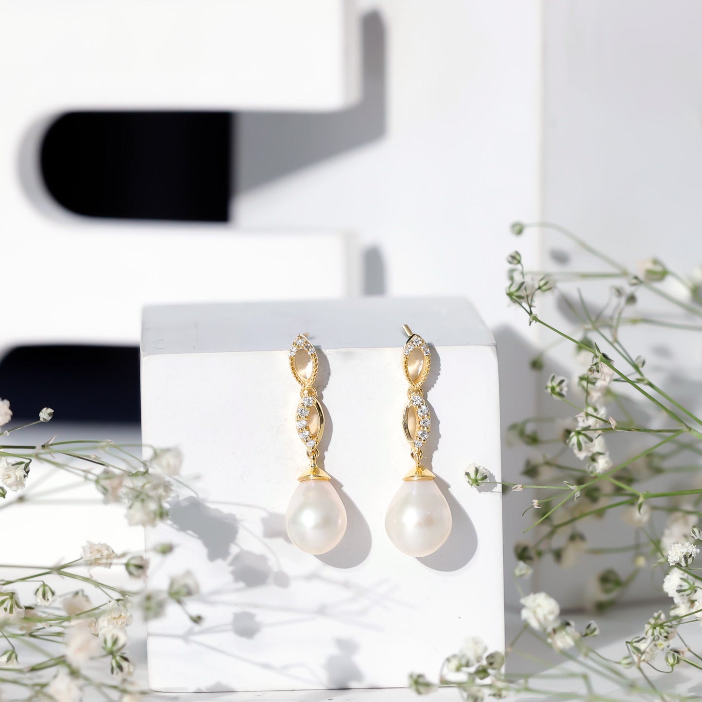 Genuine Freshwater Pearl and Diamond Infinity Drop Earrings