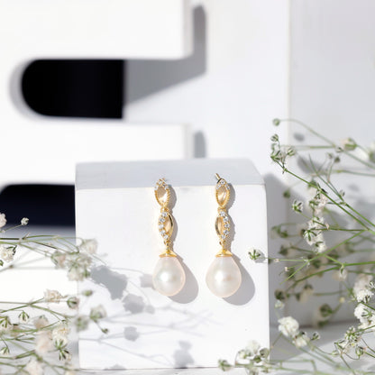Genuine Freshwater Pearl and Diamond Infinity Drop Earrings