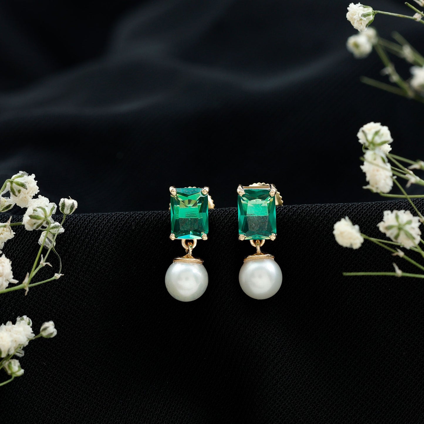 Certified Emerald Cut Lab Grown Emerald and Pearl Drop Earrings