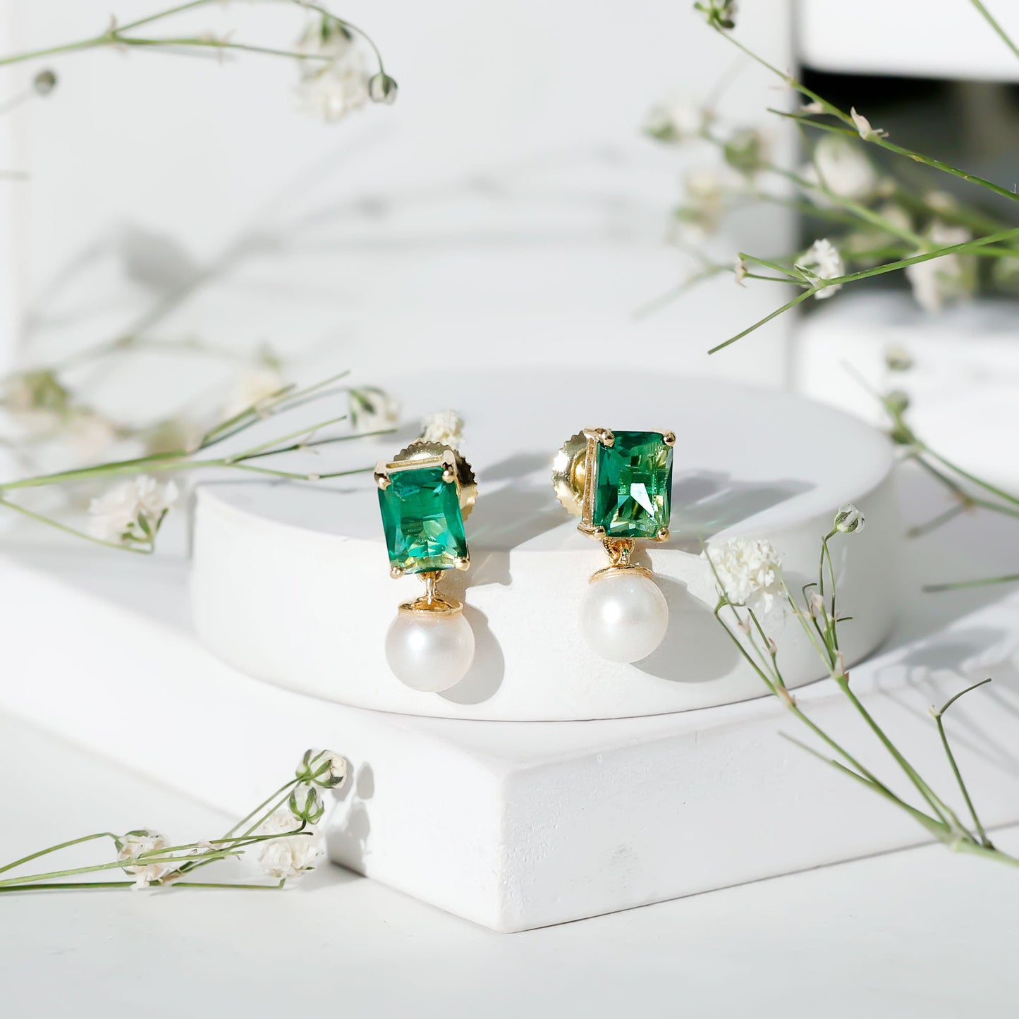 Certified Emerald Cut Lab Grown Emerald and Pearl Drop Earrings