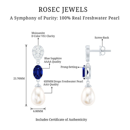 Teardrop Shape Freshwater Pearl Dangle Earrings with Lab Sapphire