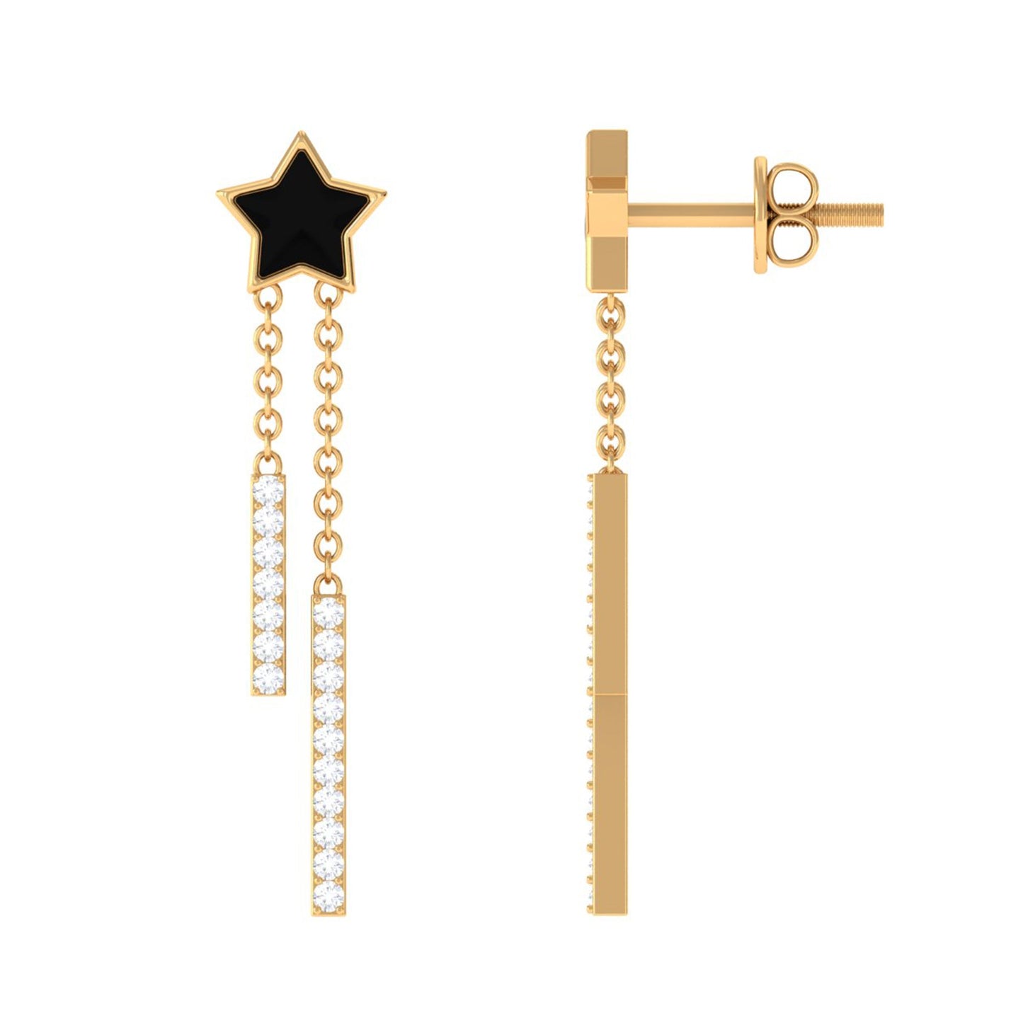 Moissanite Chain Star Dangle Earrings with Black Enamel