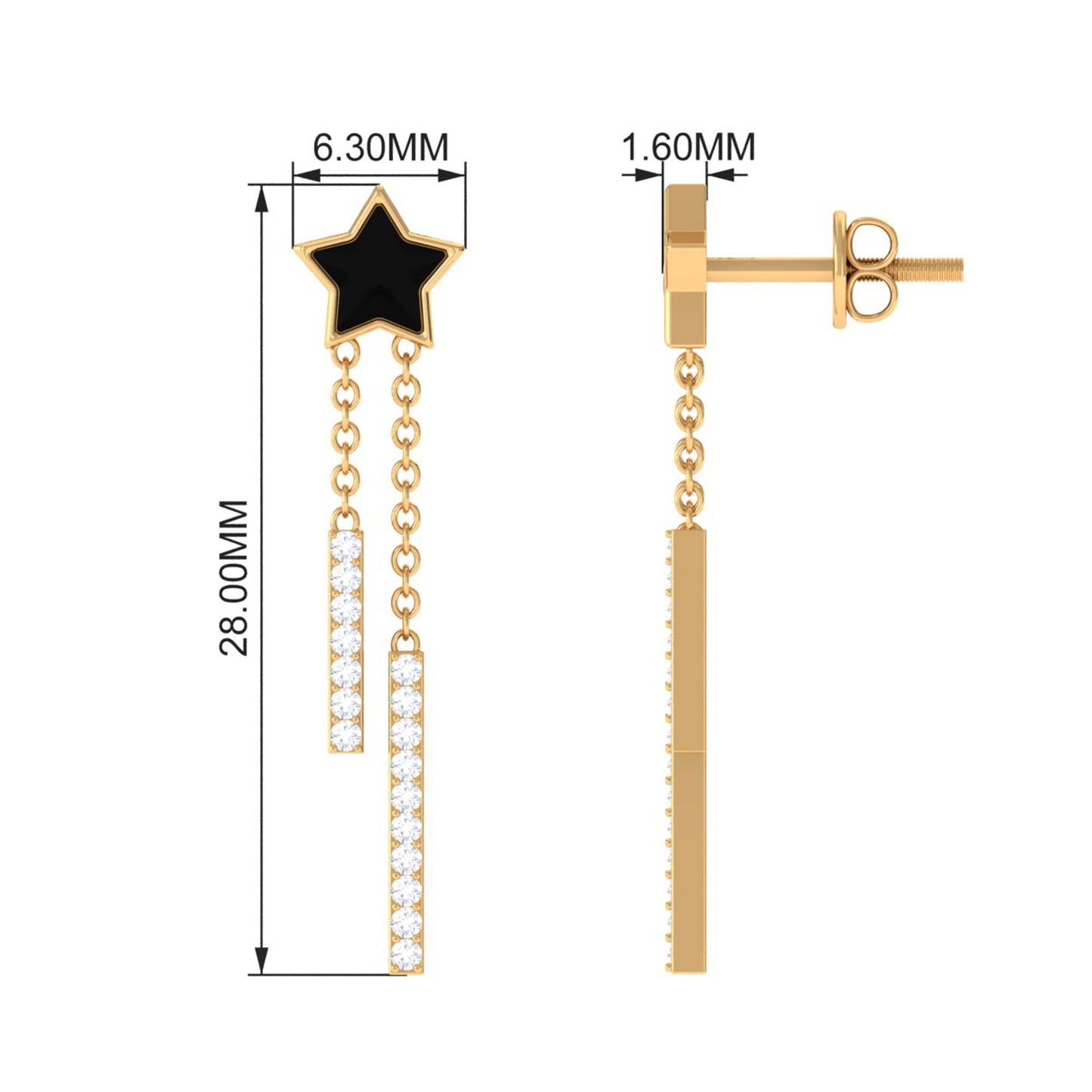 Moissanite Chain Star Dangle Earrings with Black Enamel