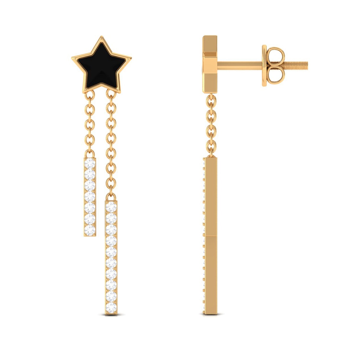 Moissanite Chain Star Dangle Earrings with Black Enamel