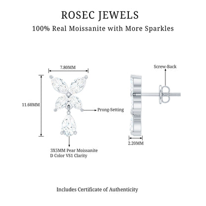 Marquise and Pear Cut Moissanite Flower Drop Earrings