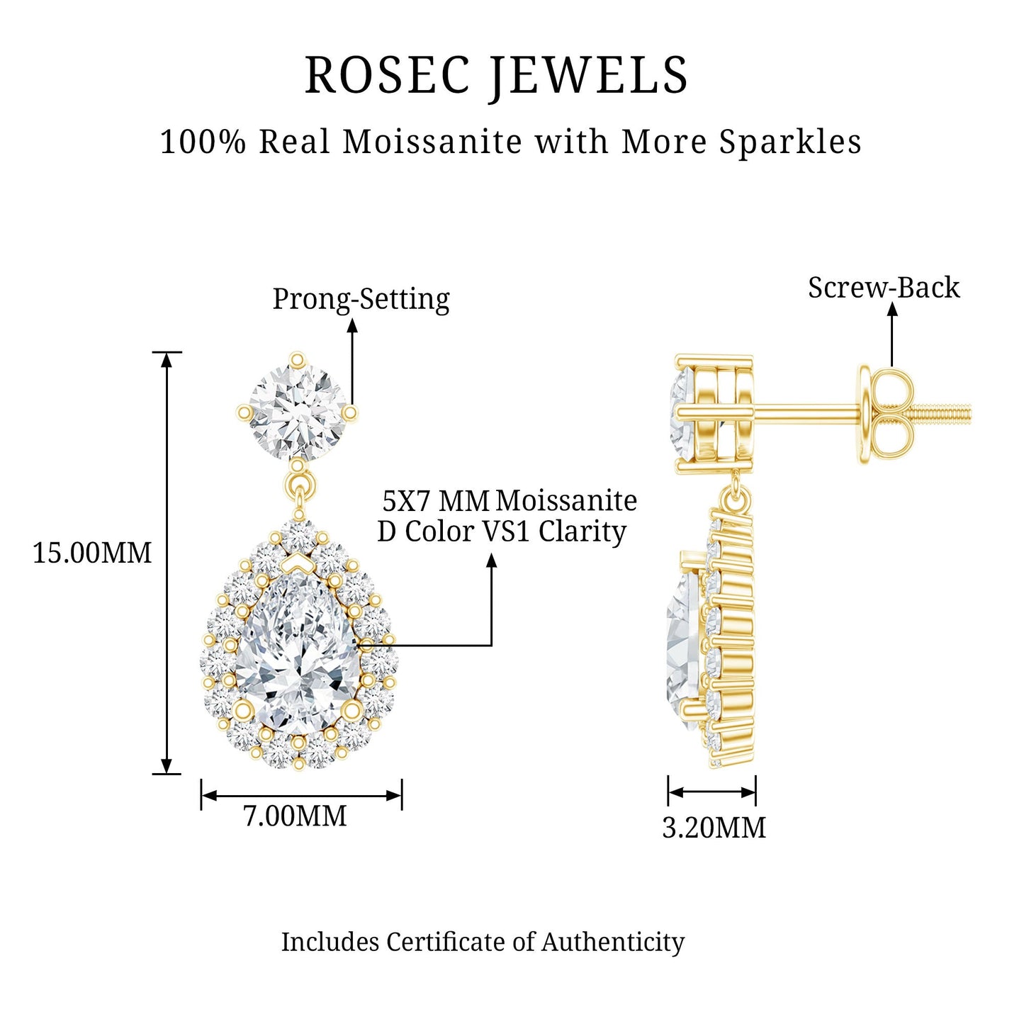 1.5 Carat Moissanite Bridal Dangle Earrings in Prong Setting