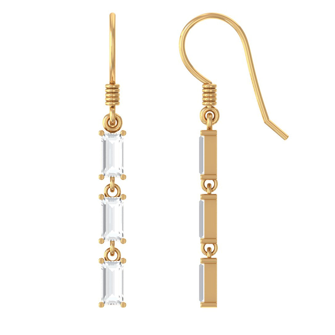 Certified Baguette Moissanite 3 Stone Dangle Earrings with Fish Hook