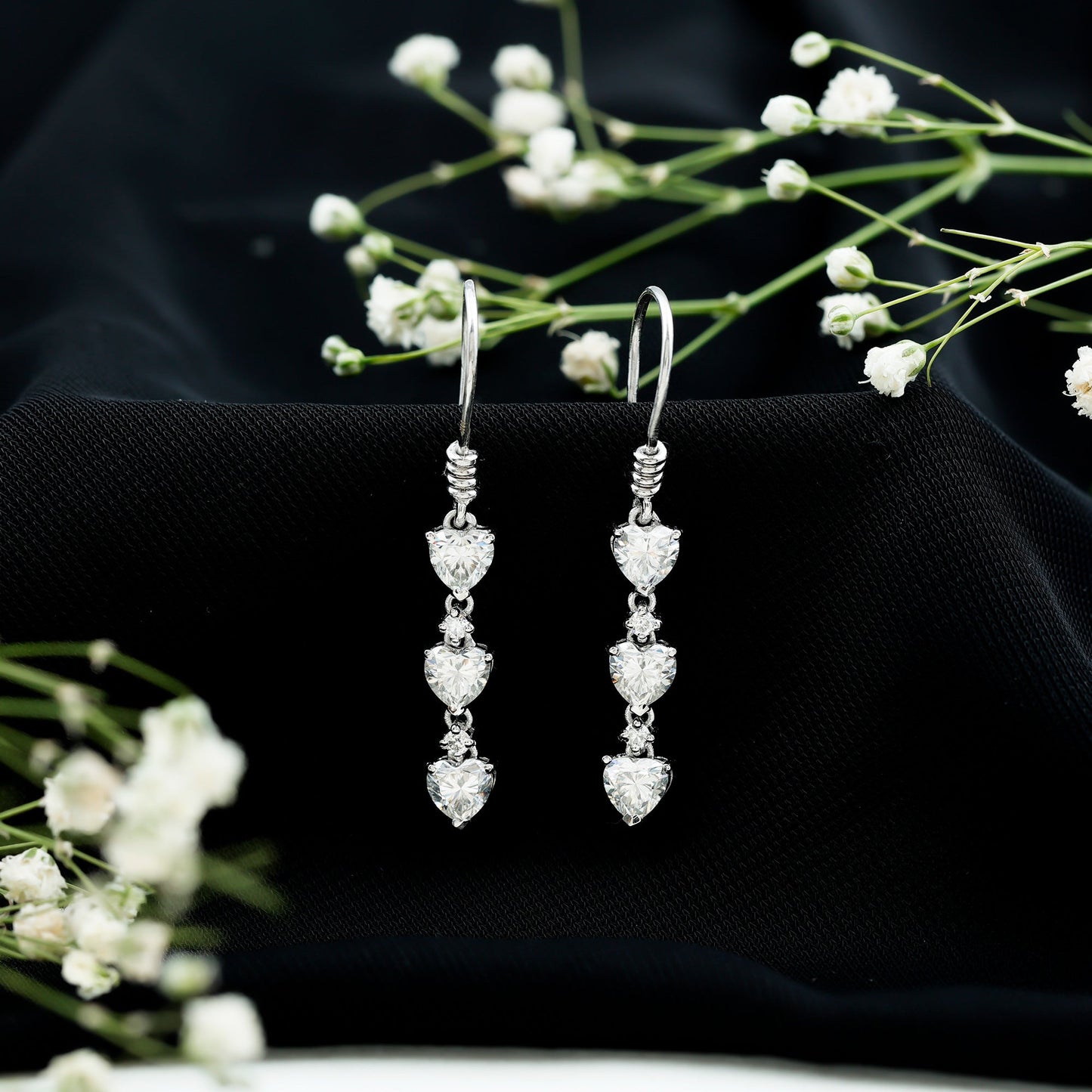 Heart and Round Shape Moissanite Dangle Earrings