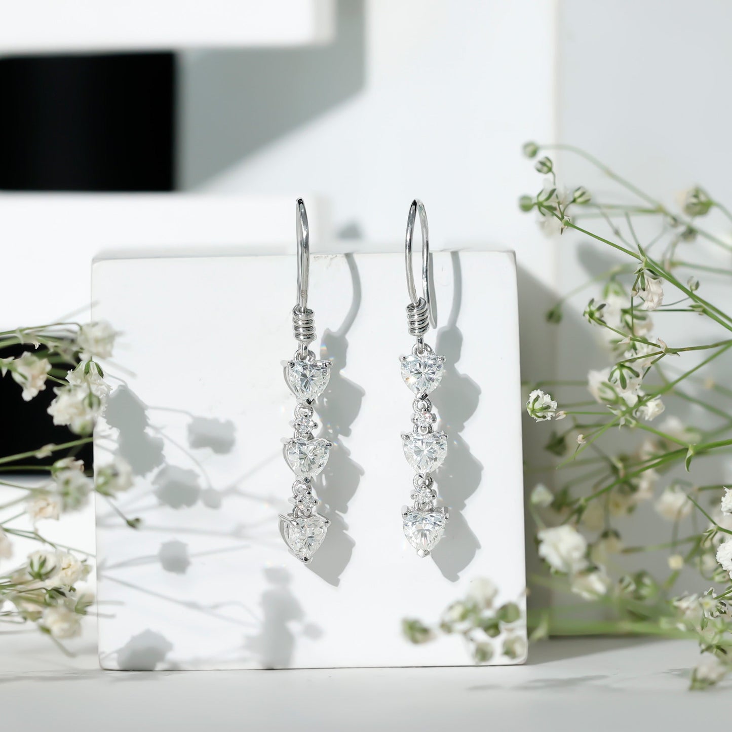 Heart and Round Shape Moissanite Dangle Earrings