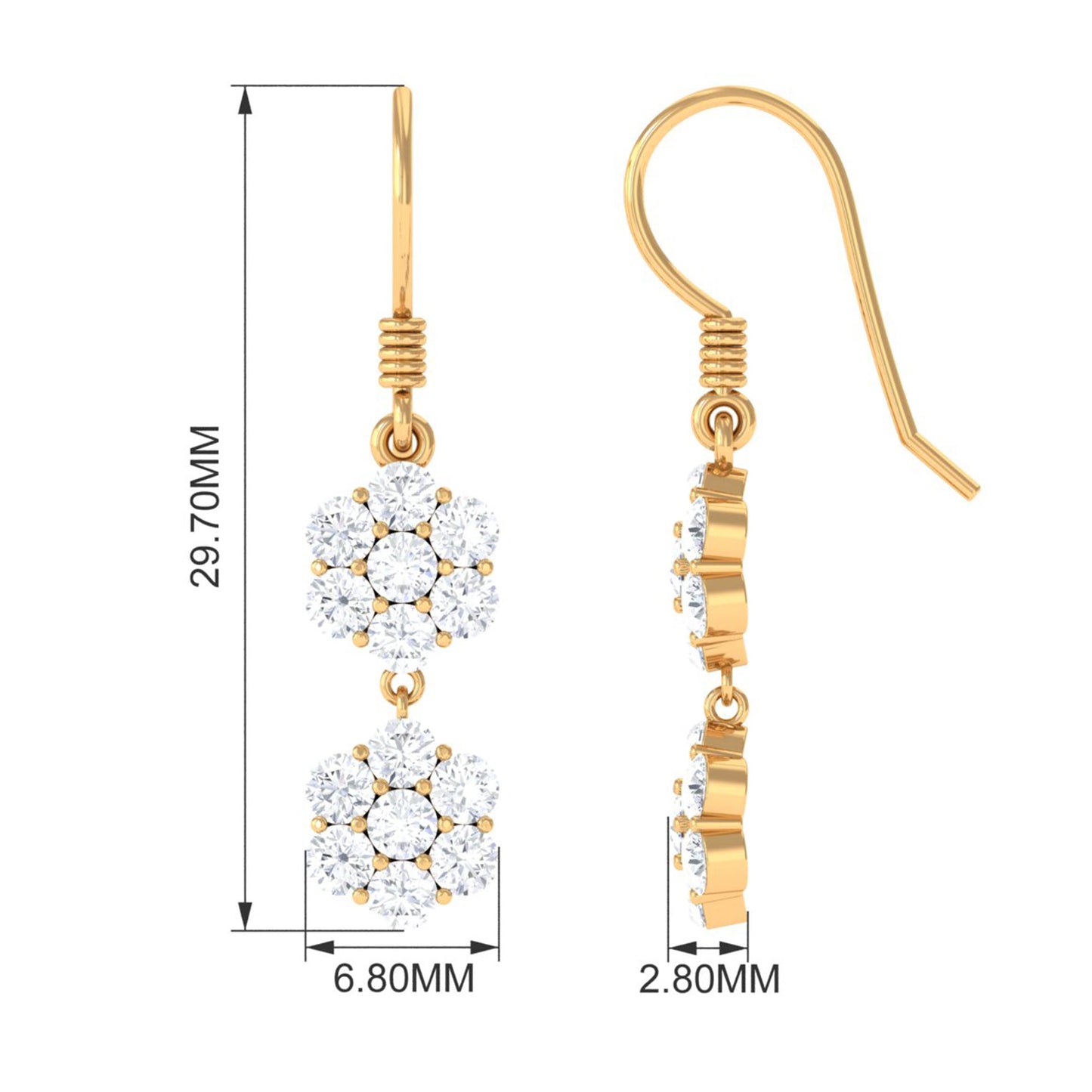 Certified Moissanite Double Flower Dangle Earrings with Fish Hook